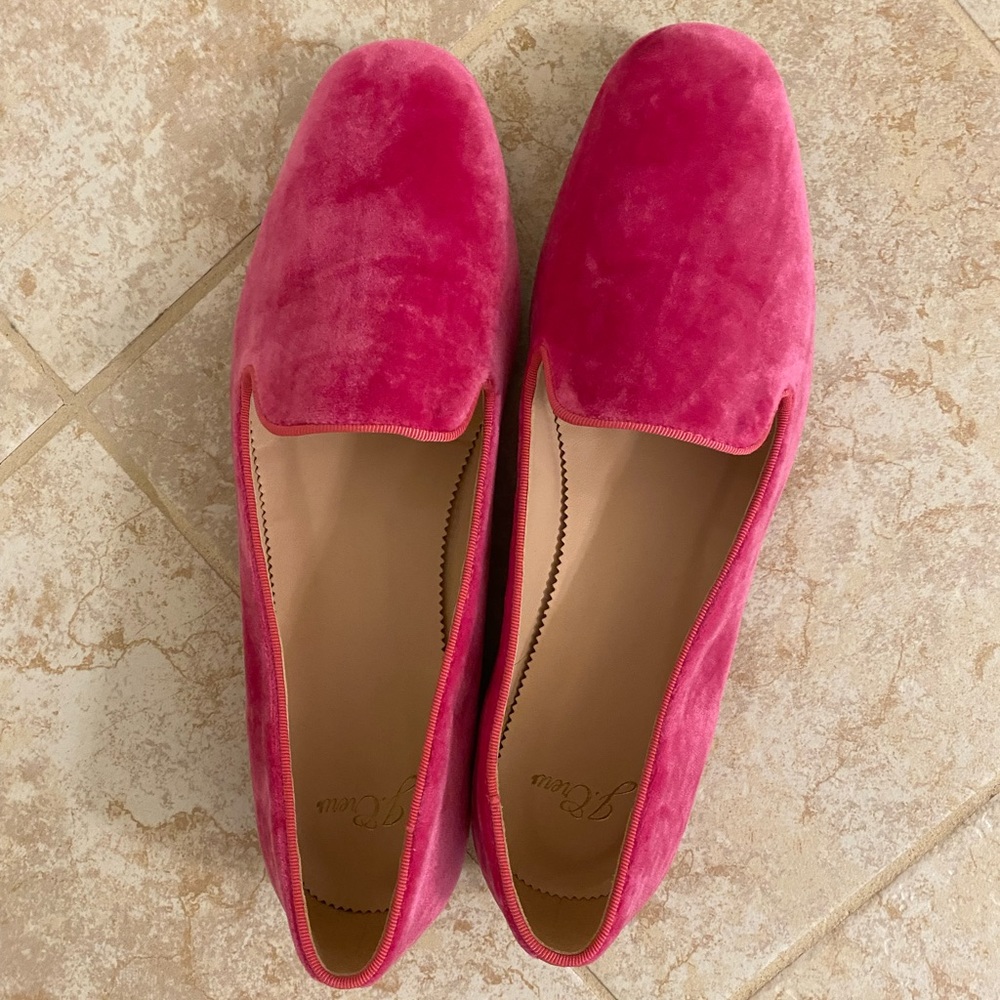 Brand new, never worn, bright pink velvet J. Crew loafers